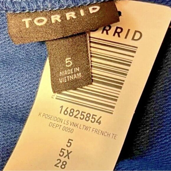 Torrid +5 Teal Blue V-Neck Ruffle Accent Ribbed Trim Banded Hem Long Sleeve Top - Picture 6 of 6